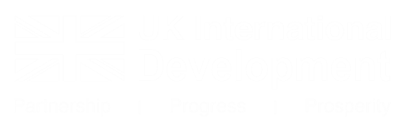 Logo of UK International Development with British flag and text about partnership, progress, and prosperity.